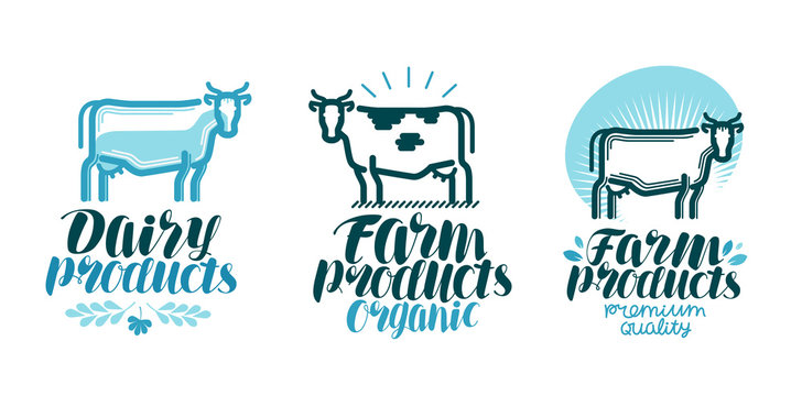 Dairy products, label set. Cow, farm animal, milk, beef icon or logo. Lettering vector illustration