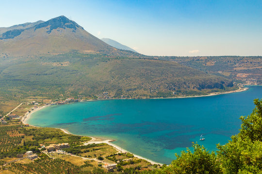 Top view of Neo Itilo bay, located in southern Peloponnese, Mani area in Lakonia, Greece.