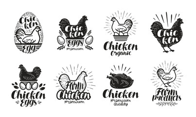 Chicken, poultry farm label set. Food, meat, egg icons or logos. Lettering vector illustration © ~ Bitter ~