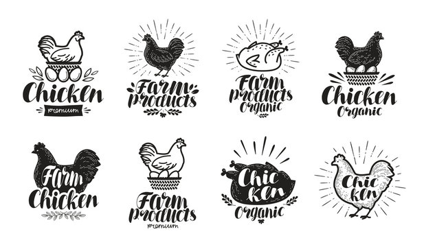 Chicken label set. Food, poultry farm, meat, egg icon or logo. Lettering vector illustration