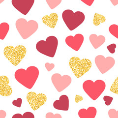 Seamless pattern background with gold glitter and pink hearts. Love concept. Cute wallpaper. Good idea for your Wedding, Valentine's Day or Birthday design. Vector illustration.