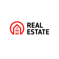 Home linear vector logo. Smart house line art red and black logotype. Outline real estate icon.