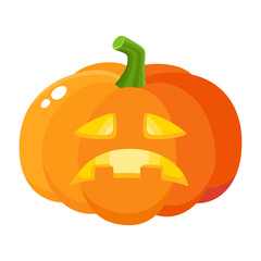 Sad, frustrated pumpkin jack-o-lantern, Halloween symbol, cartoon vector illustration isolated on white background. Cartoon style pumpkin lantern with sad carved out face, Halloween decoration element