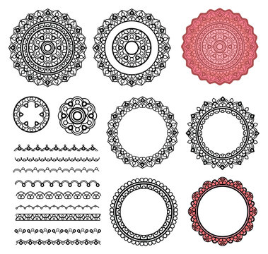 Set elements from round mandala. Frames, brushes, label. Zen mandala for invite, greeting card, coloring book.