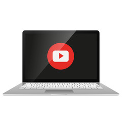 Realistic modern laptop isolated. Video player template. Vector illustration. Laptop click by digital arrow view internet online video player. Youtube channel