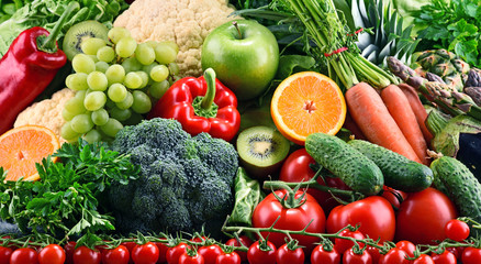 Assorted raw organic vegetables and fruits