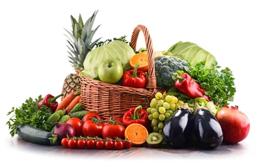 Gartenposter Assorted raw organic vegetables and fruits © monticellllo