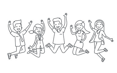 Happy people jumping line vector illustration isolated on white background