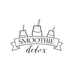 Smoothie Detox Logo Isolated on White Background. Black Badge with Hand Drawn Lettering, Ribbon and Jar. Vector Illustration for Web Design or Print.