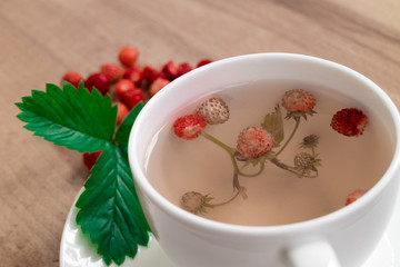 Herbal tea with berries and leaves of wild strawberries. A cup of tea with forest berries