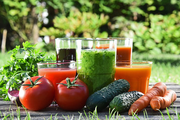 Glasses with fresh organic detox juices in the garden