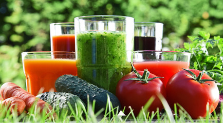 Glasses with fresh organic detox juices in the garden