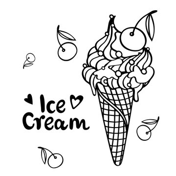 illustration Ice cream with cherry, summertime concept, flat style design of ice cream for card, poster