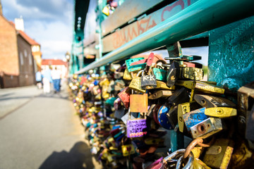 Padlocks on a bridge