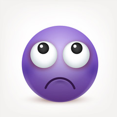 Smiley,emoticon. Violet face with emotions. Facial expression. 3d realistic emoji. Sad,happy,angry faces.Funny cartoon character.Mood. Web icon. Vector illustration.
