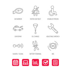 Car mirror repair, oil change and wrench tool icons. ABS, klaxon signal and fasten seat belt linear signs. Disabled person icons. Report document, Graph chart and Calendar signs. Vector