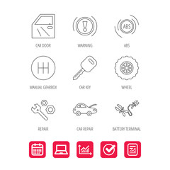 Car key, repair tools and manual gearbox icons. Wheel, warning ABS and battery terminal linear signs. Report document, Graph chart and Calendar signs. Laptop and Check web icons. Vector