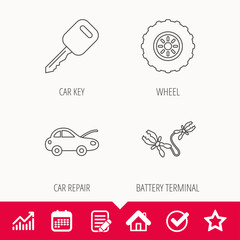 Car key, wheel and repair service icons. Battery terminal linear sign. Edit document, Calendar and Graph chart signs. Star, Check and House web icons. Vector