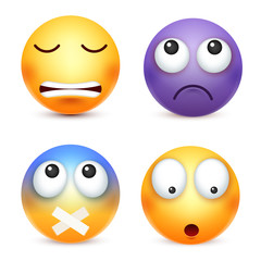 Fototapeta na wymiar Smiley,emoticon set. Yellow face with emotions. Facial expression. 3d realistic emoji. Sad,happy,angry faces.Funny cartoon character.Mood. Web icon. Vector illustration.