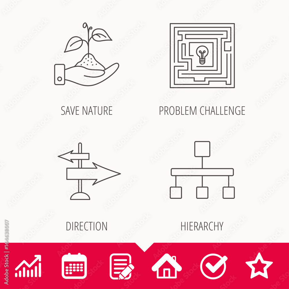 Poster hierarchy, save nature and direction arrow icons. maze linear sign. edit document, calendar and grap