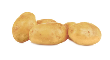 Raw unpeeled potatoes on white background