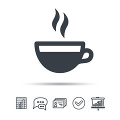 Coffee cup icon. Hot tea drink symbol. Chat speech bubble, chart and presentation signs. Contacts and tick web icons. Vector