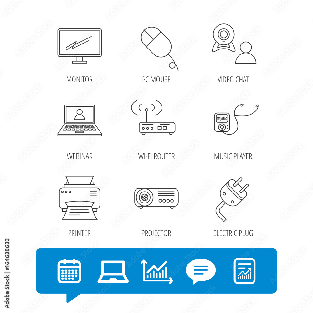 Poster printer, wi-fi router and projector icons. monitor, video chat and webinar linear signs. electric pl