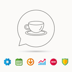 Coffee cup icon. Tea or hot drink sign. Calendar, Graph chart and Cogwheel signs. Download and Shield web icons. Vector