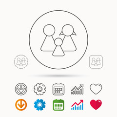 Family icon. Male, female and child sign. Calendar, Graph chart and Cogwheel signs. Download and Heart love linear web icons. Vector