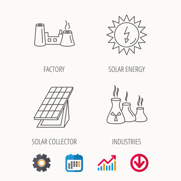 Solar collector energy, factory and industries icons. Solar energy linear signs. Calendar, Graph chart and Cogwheel signs. Download colored web icon. Vector