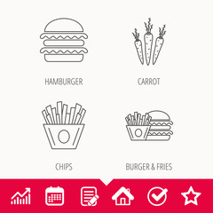 Hamburger, carrot and chips icons. Burger and chips fries linear signs. Edit document, Calendar and Graph chart signs. Star, Check and House web icons. Vector