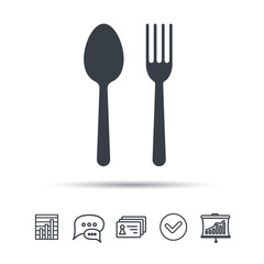 Food icons. Fork and spoon signs. Cutlery symbol. Chat speech bubble, chart and presentation signs. Contacts and tick web icons. Vector