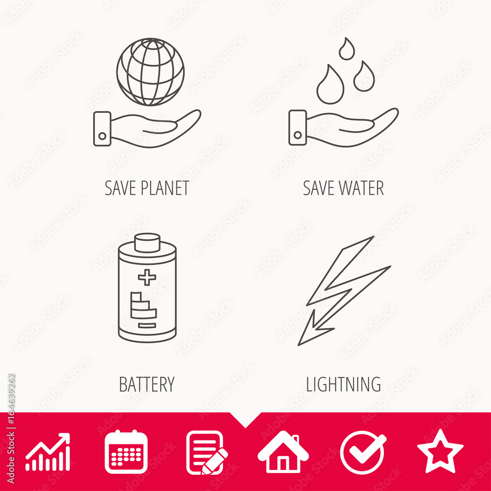 Poster save planet, water and battery icons. lightning linear sign. edit document, calendar and graph chart