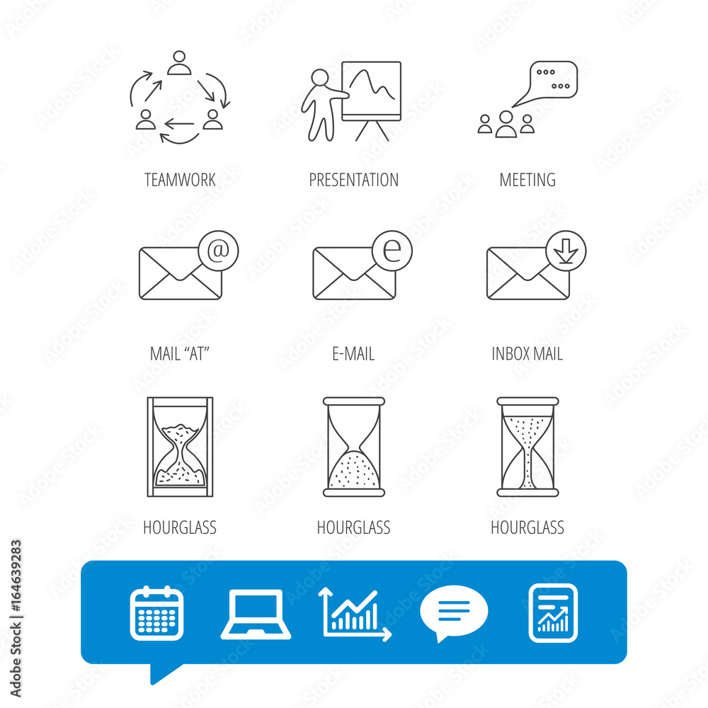 Poster teamwork, presentation and meeting chat bubbles icons. e-mail inbox, hourglass linear signs. report 