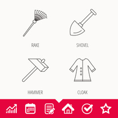 Shovel, hammer and cloak icons. Rake linear sign. Edit document, Calendar and Graph chart signs. Star, Check and House web icons. Vector