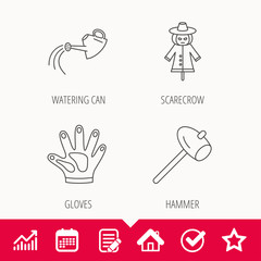 Hammer, scarecrow and watering can icons. Gloves linear sign. Edit document, Calendar and Graph chart signs. Star, Check and House web icons. Vector