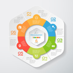 Vector infographic of hexagonal and round forms cut from paper with shadows, text and color icons on the gradient gray background. Can be used for business, template, presentation, process.