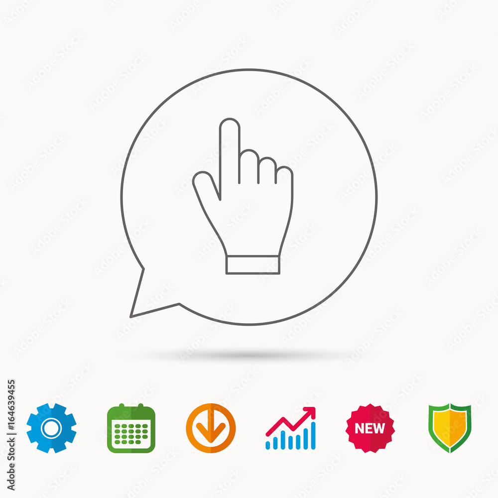 Poster Click hand icon. Press or push pointer sign. Calendar, Graph chart and Cogwheel signs. Download and Shield web icons. Vector
