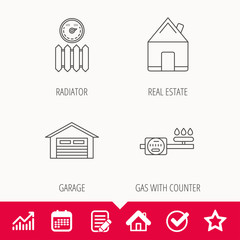 Real estate, garage and heat radiator icons. Gas counter linear sign. Edit document, Calendar and Graph chart signs. Star, Check and House web icons. Vector