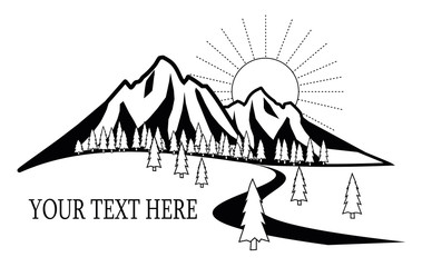 Mountains logo with forest and sunset