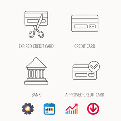 Bank credit card, approved card icons. Expired credit card linear sign. Calendar, Graph chart and Cogwheel signs. Download colored web icon. Vector