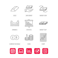 Banking, cash money and statistics icons. Money flow, gold bar and dollar usd linear signs. Dynamics chart, coins and savings icons. Report document, Graph chart and Calendar signs. Vector