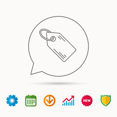 Price tag icon. Discount label sign. Shopping coupon symbol. Calendar, Graph chart and Cogwheel signs. Download and Shield web icons. Vector