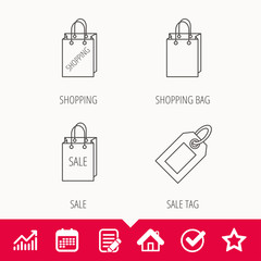 Shopping, sale bag and sale tag coupon icons. Special offer linear signs. Edit document, Calendar and Graph chart signs. Star, Check and House web icons. Vector