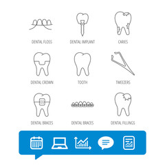 Dental implant, floss and tooth icons. Braces, fillings and tweezers linear signs. Caries icon. Report file, Graph chart and Chat speech bubble signs. Laptop and Calendar web icons. Vector