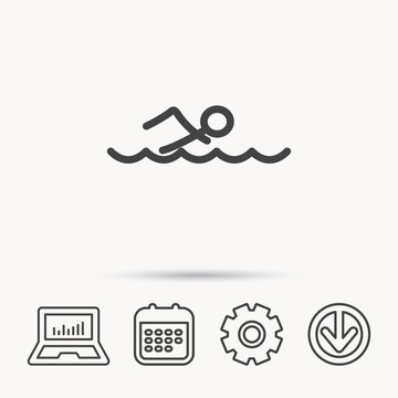 Swimming icon. Swimmer in waves sign. Professional sport symbol. Notebook, Calendar and Cogwheel signs. Download arrow web icon. Vector