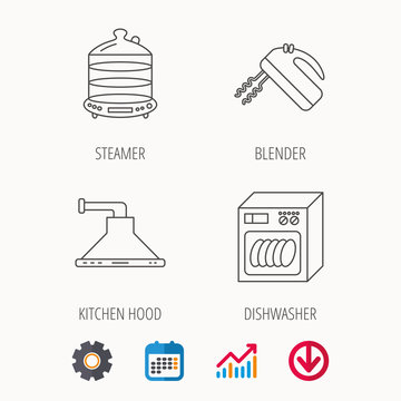 Dishwasher, kitchen hood and mixer icons. Steamer linear sign. Calendar, Graph chart and Cogwheel signs. Download colored web icon. Vector