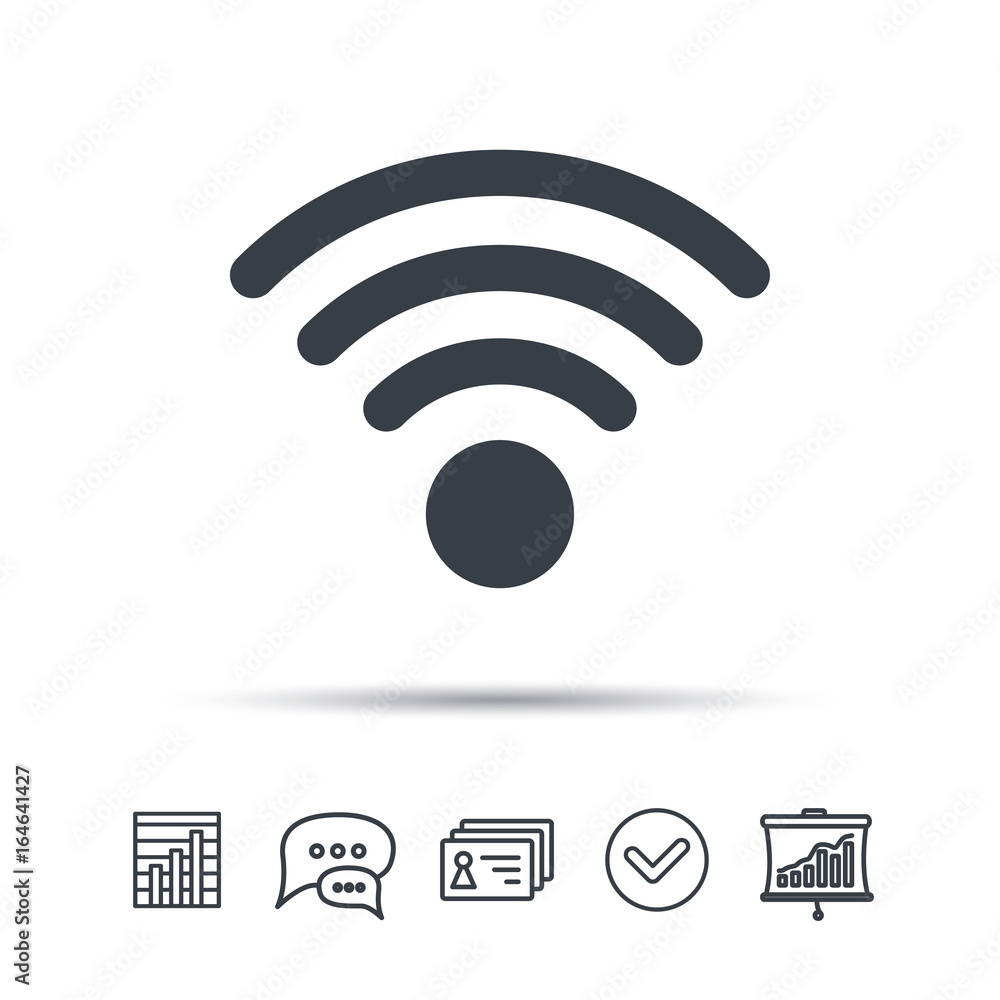 Poster wifi icon. wireless internet sign. communication technology symbol. chat speech bubble, chart and pr