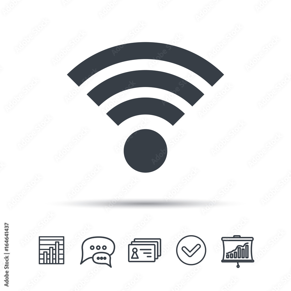 Poster wifi icon. wireless internet sign. communication technology symbol. chat speech bubble, chart and pr