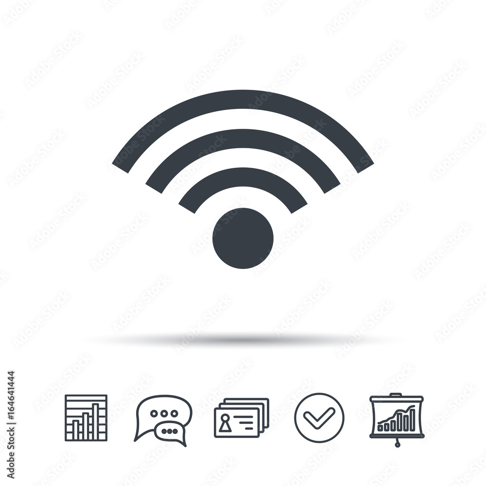 Poster wifi icon. wireless internet sign. communication technology symbol. chat speech bubble, chart and pr